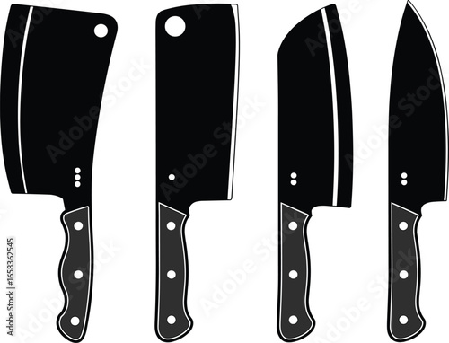 Set of Four Black Kitchen Knives with Detailed Handles – Vector Illustration of Chef and Cleaver Blades for Cooking and Butchery Tools