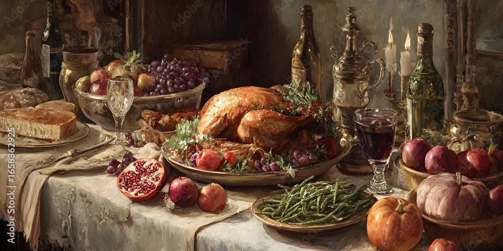 Fototapeta premium THANKSGIVING. Festive table. Turkey. Abstract 3D background. For designers, marketers. Popular image, illustration, object, holiday, family.