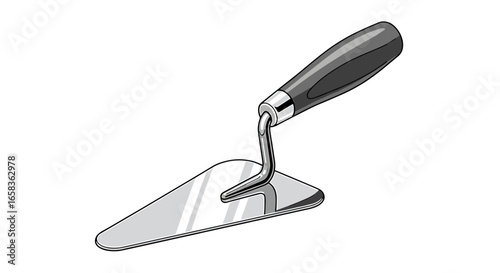 Illustration of a trowel with a gray handle and a shiny silver blade on a plain white background view on transparent background
