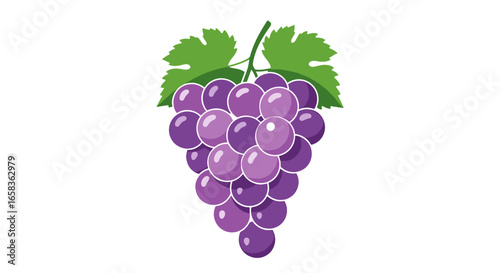 Illustration of a bunch of purple grapes with green leaves on top against a white background flat design on transparent background