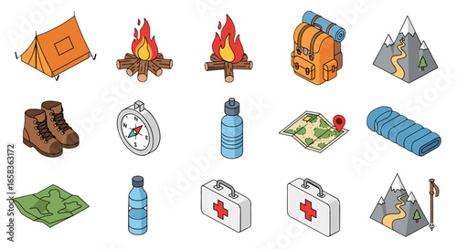 Isometric camping gear and equipment including tent, campfire, backpack, and hiking essentials set up outdoors on transparent background