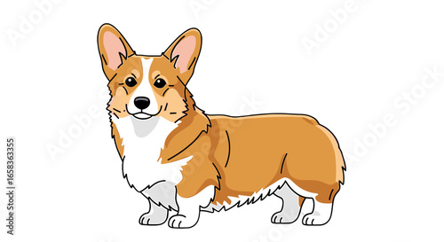 Illustration of a pembroke welsh corgi with orange and white fur standing on a white background smiling on transparent background
