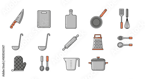 Illustration of kitchen utensils including knife cutting boards ladles rolling pin grater and cooking pot tools on transparent background