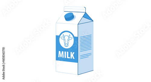Illustration of a white milk carton with a blue cap and a cow emblem on the front side label design on transparent background