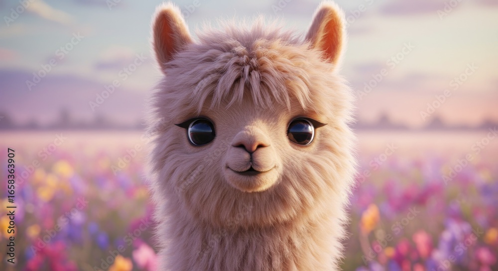 Naklejka premium Close-up of a fluffy llama with big eyes and a gentle smile, set in a blurry field of colorful wildflowers, bathed in soft light