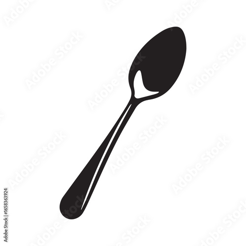 Vector art of a simple black silhouette of a spoon, isolated on a white background, representing a common eating utensil