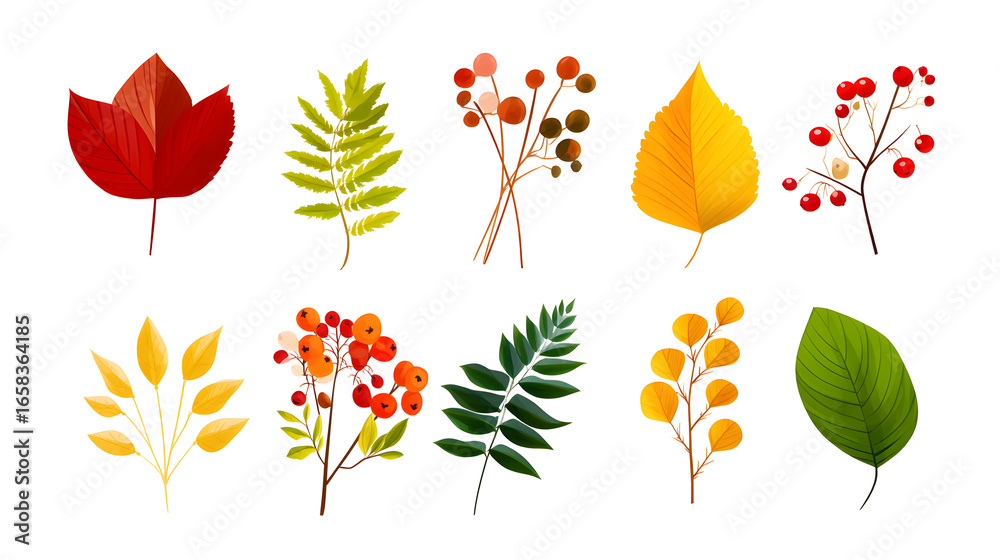 Obraz premium Colorful collection of autumn leaves, berries, and seasonal plants on white background. Perfect for fall designs, nature art, and seasonal stock images.