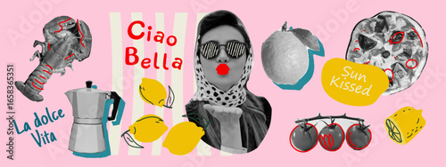 Mediterranean summer collage with pizza, lobster, lemons, tomatoes, coffee pot, and a girl illustration. Vector design in La Dolce Vita aesthetic.