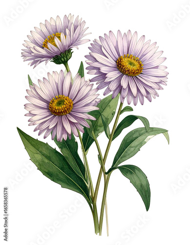 Watercolor Drawing Lilac Aster Birth Flower Bouquet Illustration September Flower