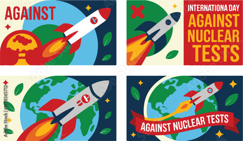 International Day Against Nuclear Tests Vector Illustration Set with Rocket Theme