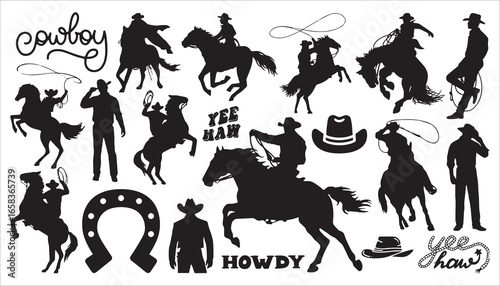 Cowboy and Western Silhouettes Set on White Background