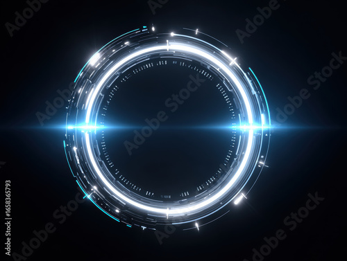 Futuristic glowing circular interface with bright blue and white light effects on dark background, creating high tech and dynamic digital design with sense of motion and energy