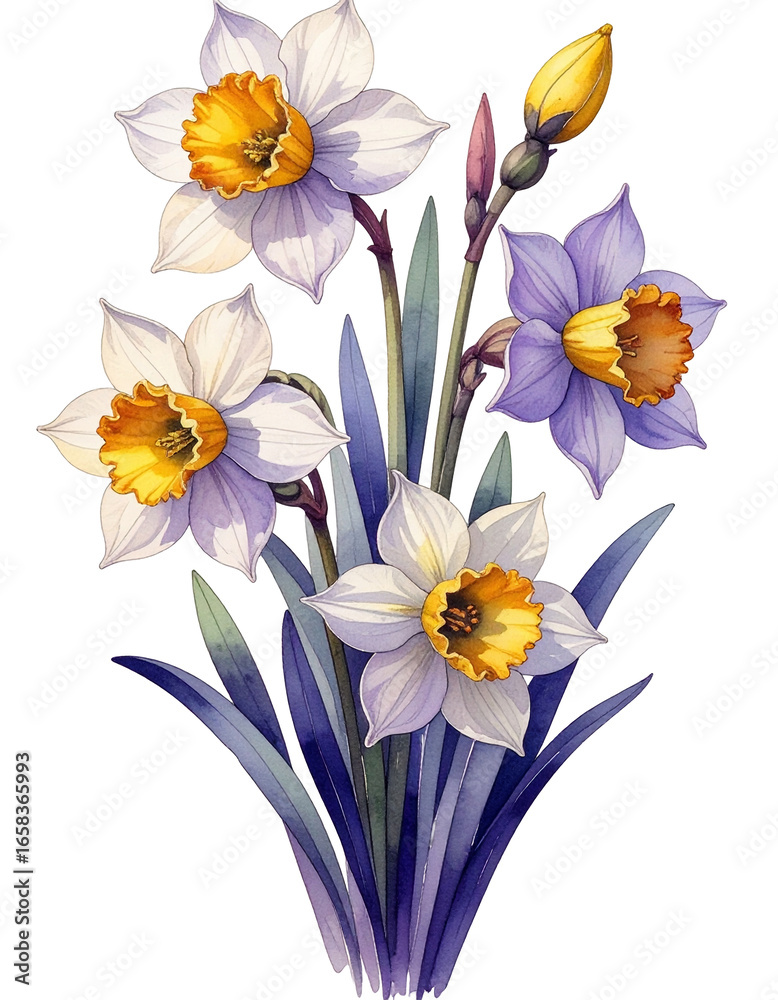 Fototapeta premium Watercolor Drawing White Daffodil Birth Flower Bouquet Illustration March Flower