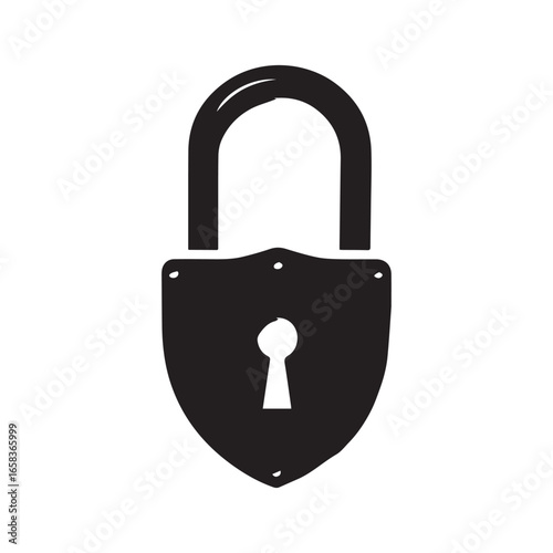 Vector art of a vintage shieldshaped padlock with a keyhole, symbolizing security, protection, and trust, isolated on white background
