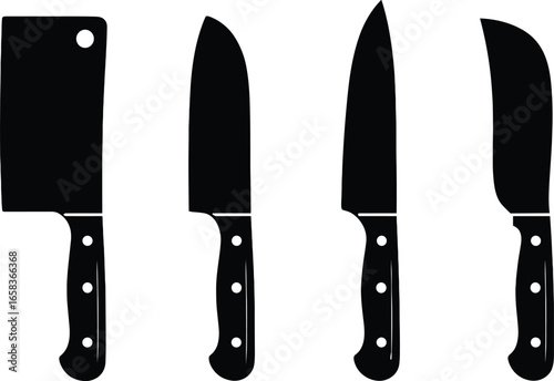 Vector Silhouettes of Kitchen Knives Set – Cleaver, Chef, Butcher, and Curved Blades with Black Handles for Cooking and Culinary Design