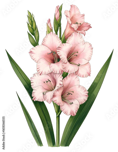 Watercolor Drawing Pink Gladiolus Birth Flower Bouquet Illustration August Flower