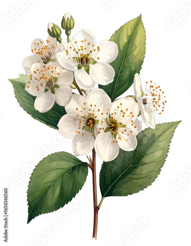 Watercolor Drawing White Hawthorn Birth Flower Bouquet Illustration May Flower