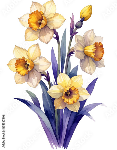 Watercolor Drawing Yellow Jonquil Birth Flower Bouquet Illustration March Flower