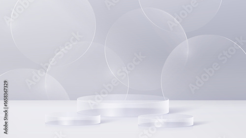 3D glass transparent crystal. Empty cylindrical pedestal. 3D cylinder and cube glass platforms set background. Vector realistic illustration of transparent glass round
