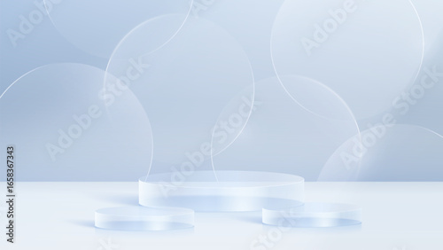 3D glass transparent crystal. Empty cylindrical pedestal. 3D cylinder and cube glass platforms set background. Vector realistic illustration of transparent glass round