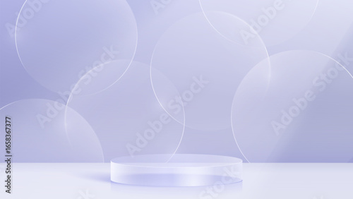 3D glass transparent crystal. Empty cylindrical pedestal. 3D cylinder and cube glass platforms set background. Vector realistic illustration of transparent glass round