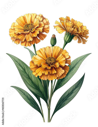 Watercolor Drawing Yellow Marigold Birth Flower Bouquet Illustration October Flower