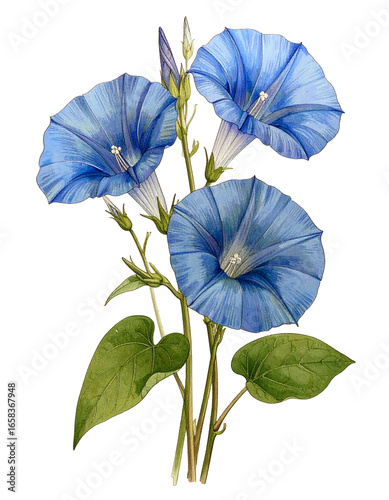 Watercolor Drawing Blue Morning Glory Birth Flower Bouquet Illustration September Flower