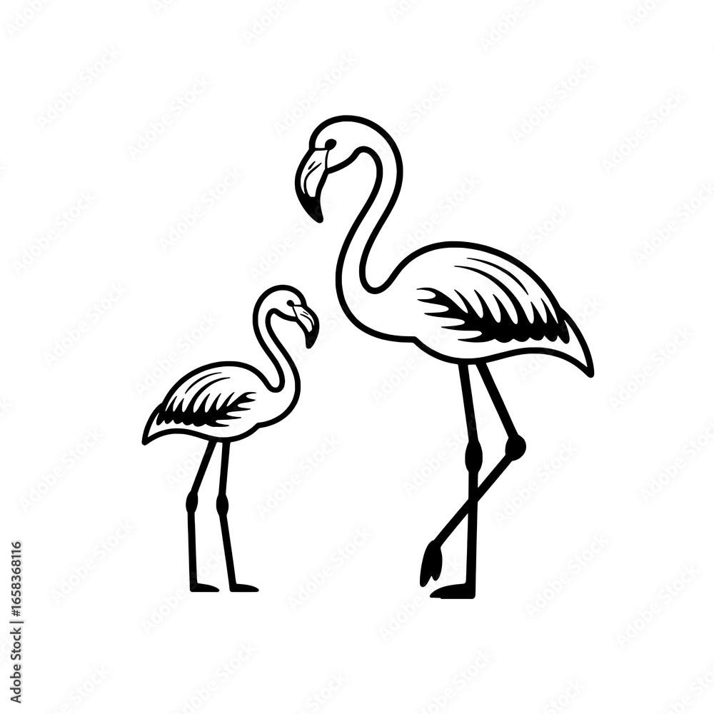 Fototapeta premium Two Black and White Flamingo Illustrations: Adult and Chick, Side Profile