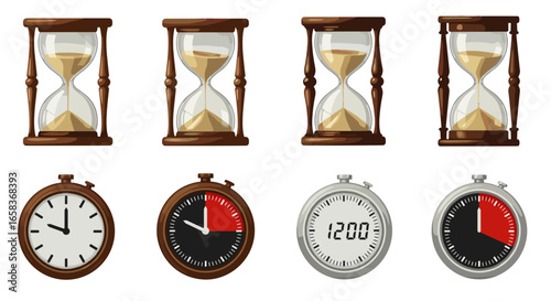 Set of Four Hourglasses and Four Chronometers Measuring Time Isolated on Transparent Background