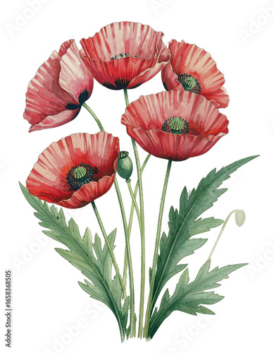 Watercolor Drawing Red Poppy Birth Flower Bouquet Illustration August Flower