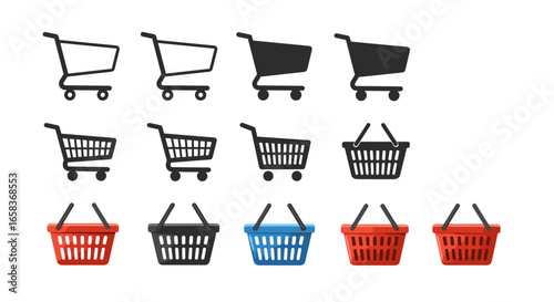 Collection of Shopping Carts and Baskets Icons Representing E-commerce and Retail Transactions Isolated on Transparent Background