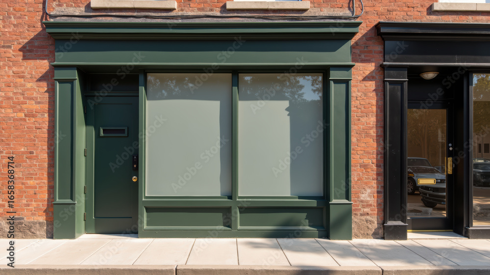 Fototapeta premium Modern storefront with green facade, large windows, and brick wall, showcasing urban architecture and design
