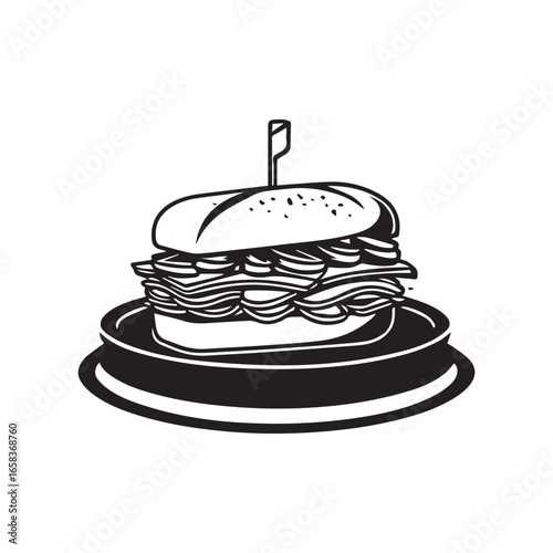 Vector art of black and white illustration of a stacked sandwich or burger on a plate with a toothpick, isolated on white background