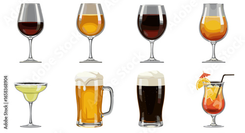 Diverse Alcoholic Beverage Collection Featuring Refreshing Cocktails Fine Wines and Frothy Beers Isolated on Transparent Background