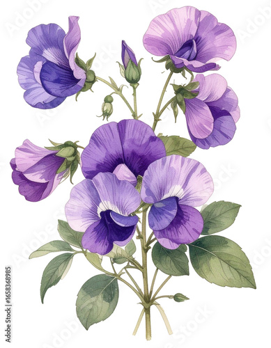 Watercolor Drawing Purple Sweet Pea Birth Flower Bouquet Illustration April Flower