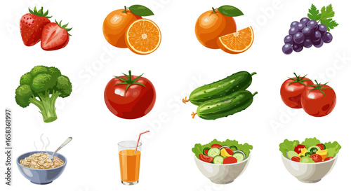 Fresh Healthy Fruits Vegetables Grains and Juice Isolated on Transparent Background for Food Diet