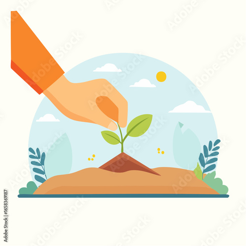 Hand Planting Seedling In Soil Illustration