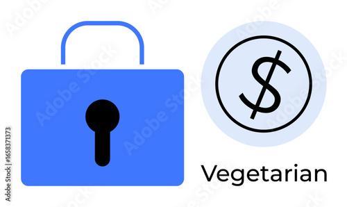 Blue padlock, black dollar icon in circle, Vegetarian text beneath. Ideal for finance, security, health, dietary focus, vegetarianism savings and digital economy. Clean simple flat metaphor