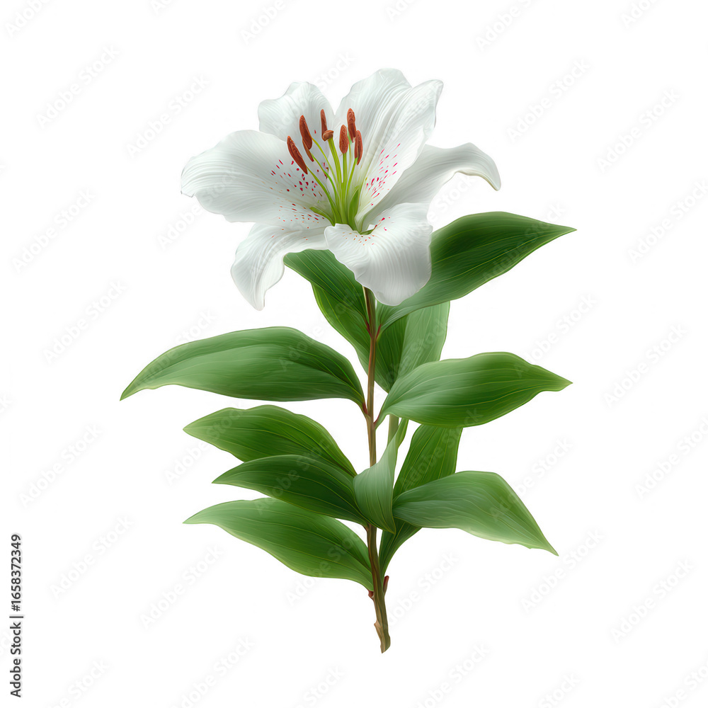 Fototapeta premium A beautiful white lily flower with vibrant green leaves, isolated on a white background. Perfect for nature-inspired designs and floral arrangements.