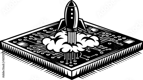 Rocket launch from computer chip technology startup innovation vector illustration