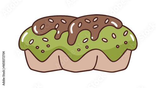 Delicious matcha cream puff with chocolate drizzle dessert vector illustration for bakery and cafe menu design