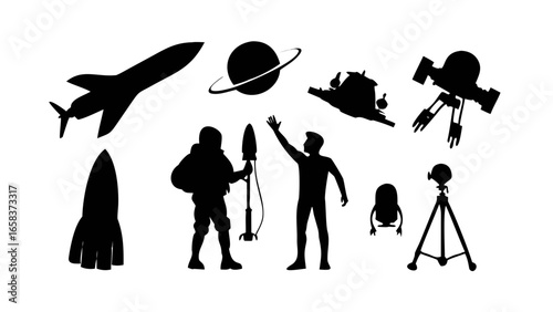 Silhouette astronaut space exploration rocket planet starship telescope cosmos adventure future mission design