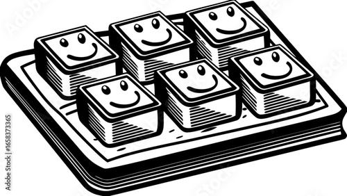 Cute dessert tray with smiling face cakes vector graphic illustration for bakery and pastry shop design use