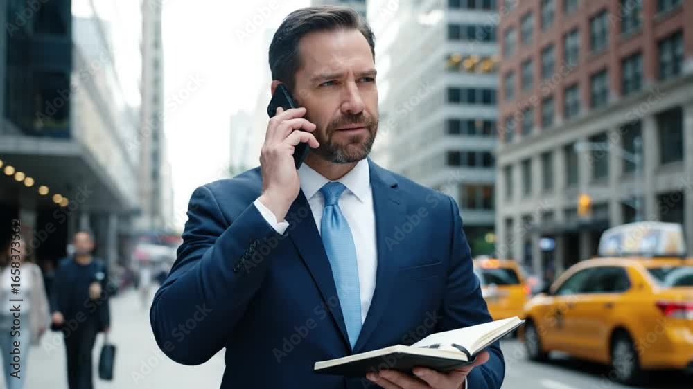Man in suit talks on phone city backdrop notepad in hand Man in suit talks on phone city backdrop notepad in hand