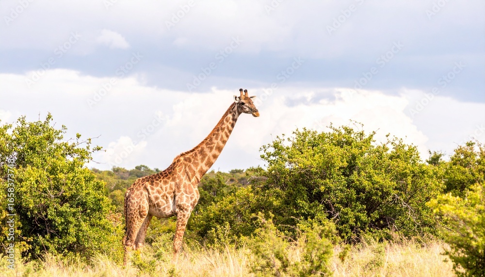 Obraz premium A single majestic giraffe standing tall in the African savanna amidst lush green bushes. Concept of wildlife in its natural habitat.