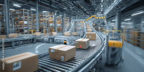 Automated warehouse conveyor with moving cardboard boxes in large industrial facility, high-tech logistics system, packages transportation and sorting process.