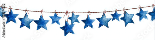Watercolor blue star garland hanging on a string against white background