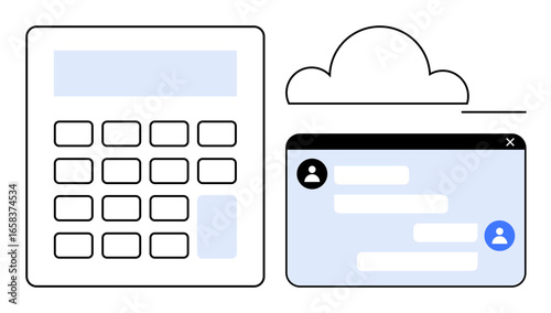 Calculator and online chat window below a cloud icon represent digital collaboration, cloud technology, and online interaction. Ideal for teamwork, cloud services, finance, tech solutions, education