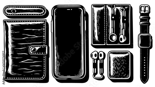 Black and white vector illustration of modern tech accessories and gadgets for daily use design