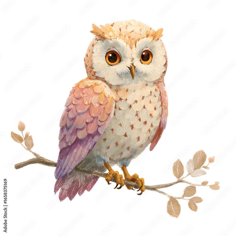 Obraz premium Adorable Owl Illustration: Whimsical Bird Perched on Branch - Cute, Colorful, and Perfect for Children's Designs (Isolated on White)